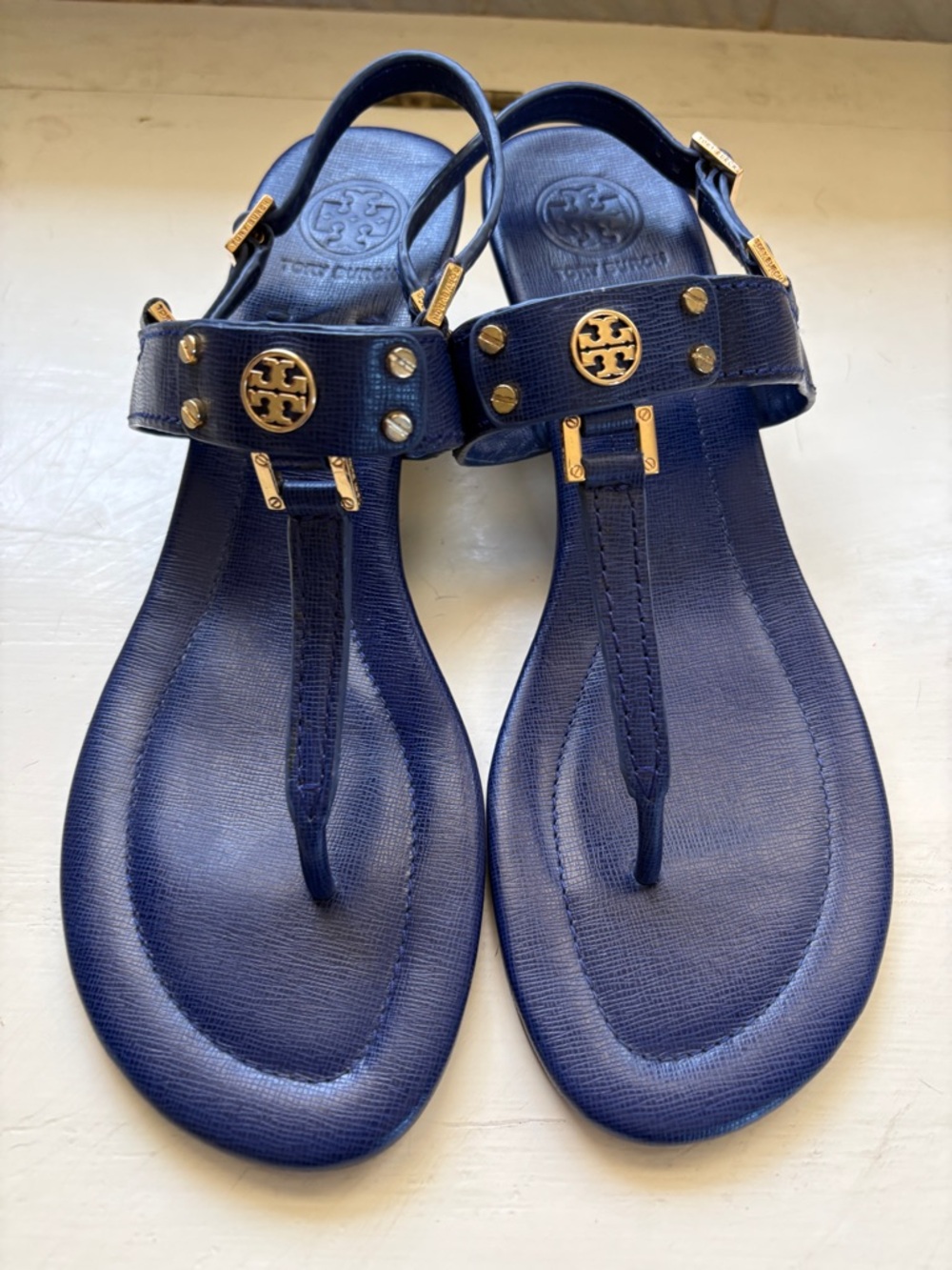 Tory Burch Navy Thong Sandals with Gold Logo Accents